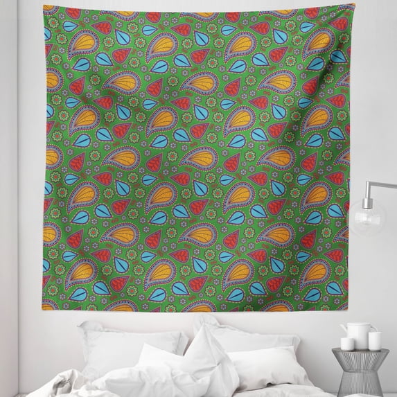 Fern Green Tapestry, Image with Swirls Floral Details Paisley Design Fern Green Backdrop, Fabric Wall Hanging Decor for Bedroom Living Room Dorm, 5 Sizes, Orange Blue and Red, by Ambesonne