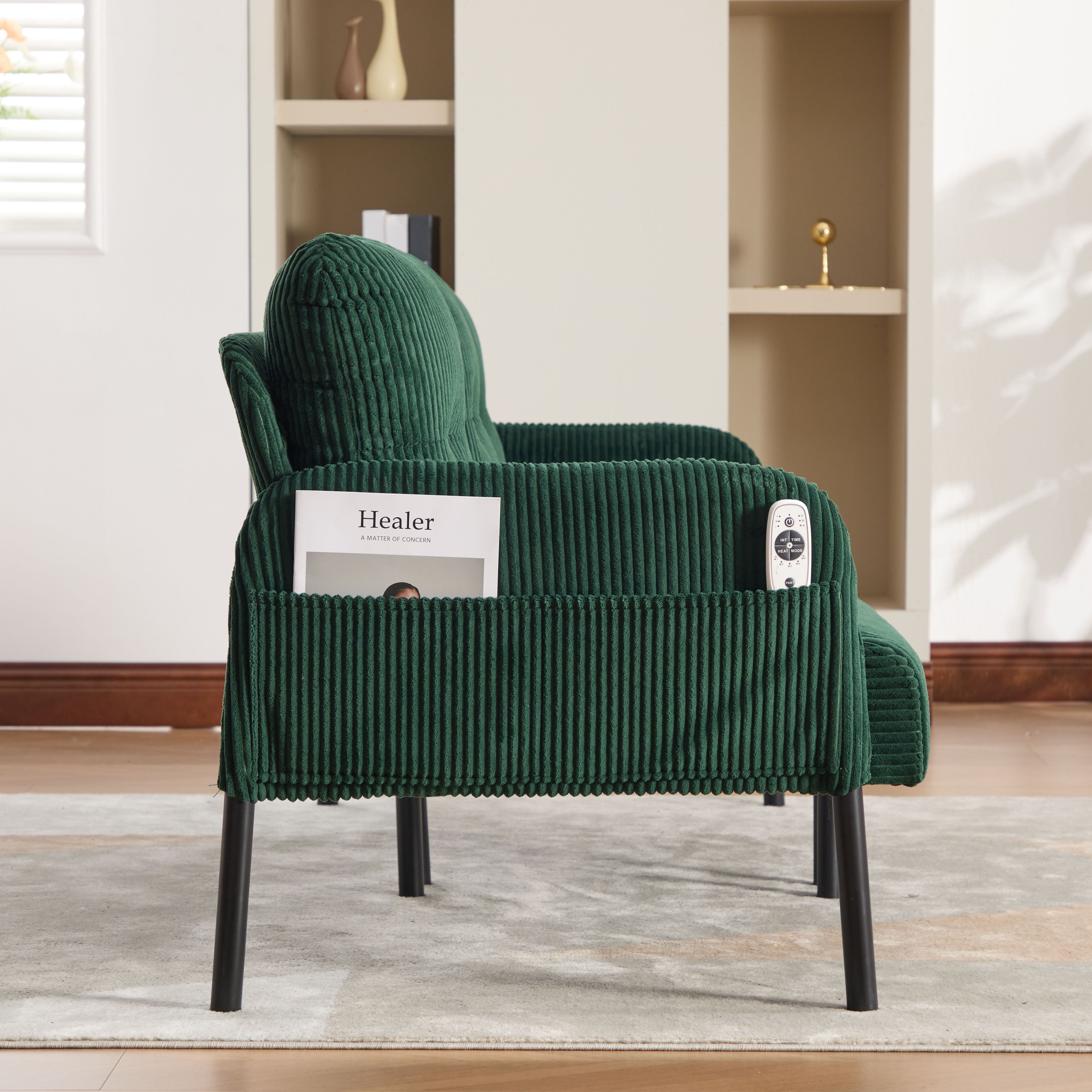 S-HOME Modern Plush Corduroy Upholstered Loveseat with Dual Side Pockets and Metal Legs, Sofa for Apartment, Emerald