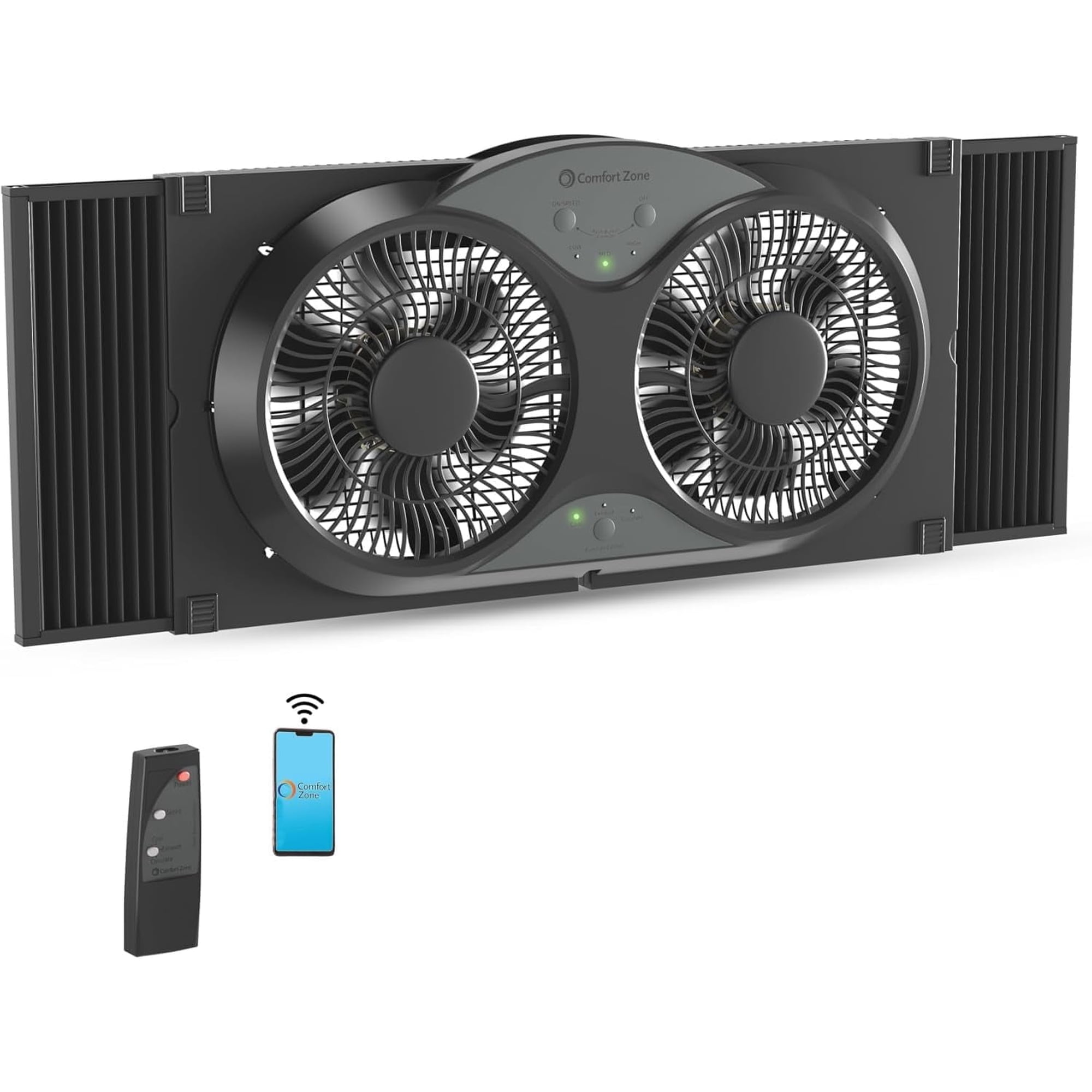 Comfort Zone 9" Smart Reversible Twin Window Fan with WiFi & Remote Control