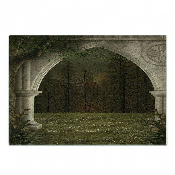 Gothic Cutting Board, Old Retro Arch in the Garden Renaissance Meadow Forest Dark Scary Design Image, Decorative Tempered Glass Cutting and Serving Board, Small Size, Green Beige, by Ambesonne