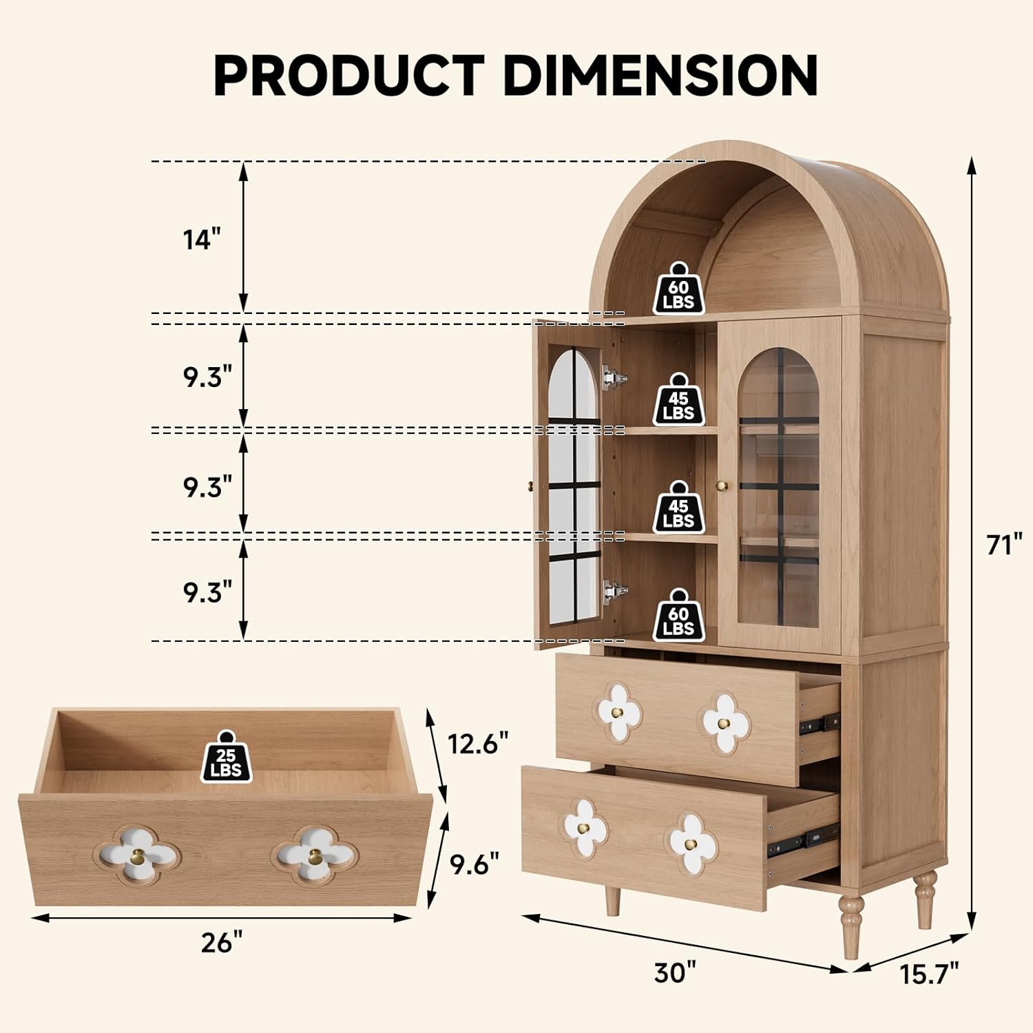 Mophoto Arched cabinet Bookshelf Bookcase Storage with Tempered Glass Doors Versatile Kitchen Cabinets,71“ Tall Food Pantry Furniture for Living Dining Room(Black)