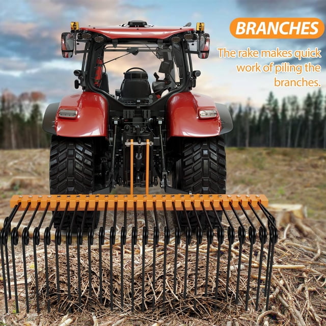 Kojooin 60" Pine Straw Rake,Durable Powder Coated 3 Point Landscape Rake Attach to Cat 0, Cat 1 Tractors for Leaves Straw, Orange