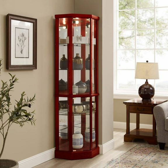 6 Tier Lighted Corner Display Curio Cabinet,Wooden Curved Shelving Unit with Tempered Glass Door and Mirror Back,Bar and Liquor Storage Area with Adjustable Glass Shelves,Cherry