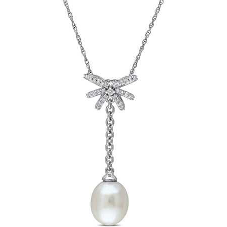 Miabella 8-8.5mm White Cultured Freshwater Pearl and 1/10 Carat T.W. Diamond 10kt White Gold Drop Pendant, 17
