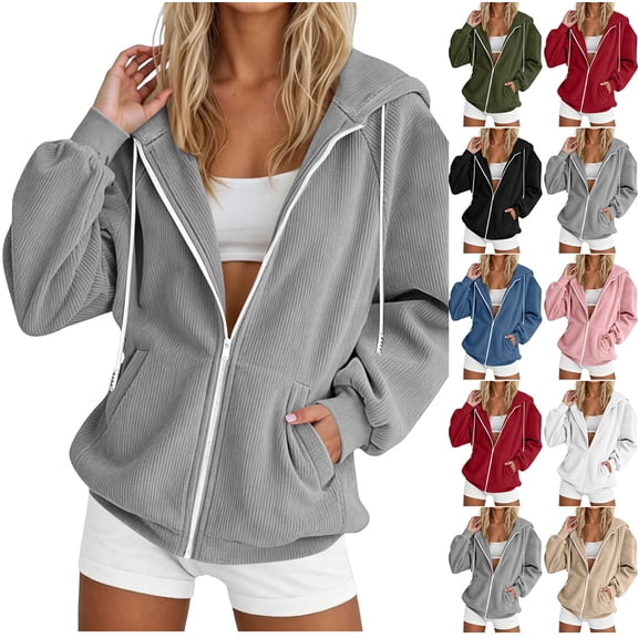 Women's Sweatshirt Corduroy Zip Up hoodie Oversized Drawstring Long Sleeve Sweatshirt Coat Casual Hooded Outerwear Top with Side Pockets for Spring Winter