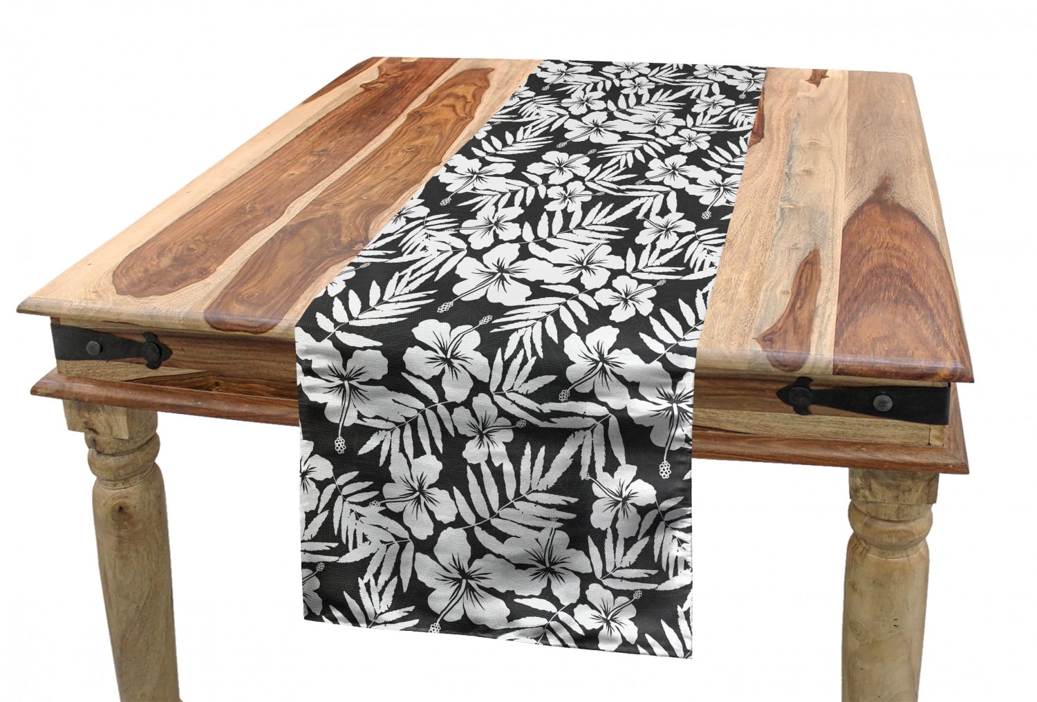Tropical Table Runner, Artisan Exotic Hibiscus Flowers Fern Leaves