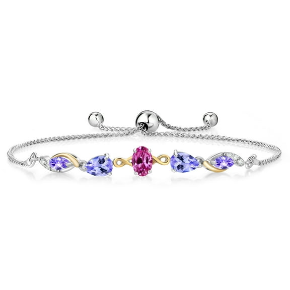 Gem Stone King 925 Silver and 10K Yellow Gold Pink Created Sapphire and Blue Tanzanite and Lab Grown Diamond Tennis Bracelet for Women By Keren Hanan (1.69 cttw, Adjustable up To 9 inch)