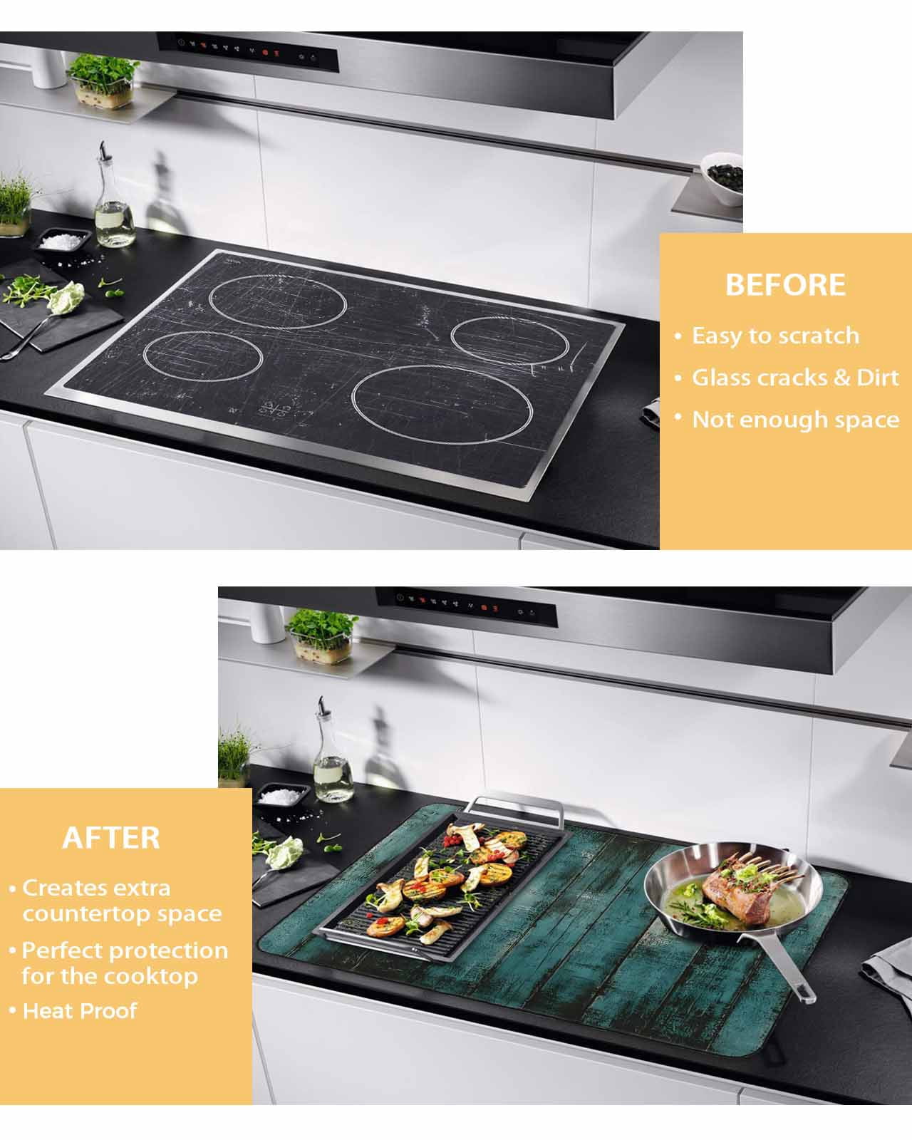 nqOlkjepod Large Induction Cooktop Protector Mat 24"x21", Teal Wood Print Stove Top Covers for Electric Stove, Farmhouse Vintage Shabby Plank Stove Burner Cover Mats, Glass Top Stove Cover
