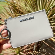 Michael Kors Jet Set Top Zip Coin Wallet Card Holder Key Ring Pearl Grey Leather