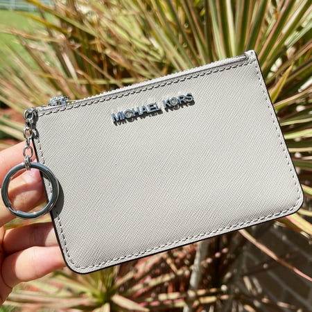Michael Kors Jet Set Top Zip Coin Wallet Card Holder Key Ring Pearl Grey Leather