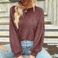 thumbnail image 4 of Women's Casual Tops Solid Color O-neck Hollow Back Blouse Long Puff Sleeves Dressy Waffle Knit Sweater Shirts(L,Coffee), 4 of 5
