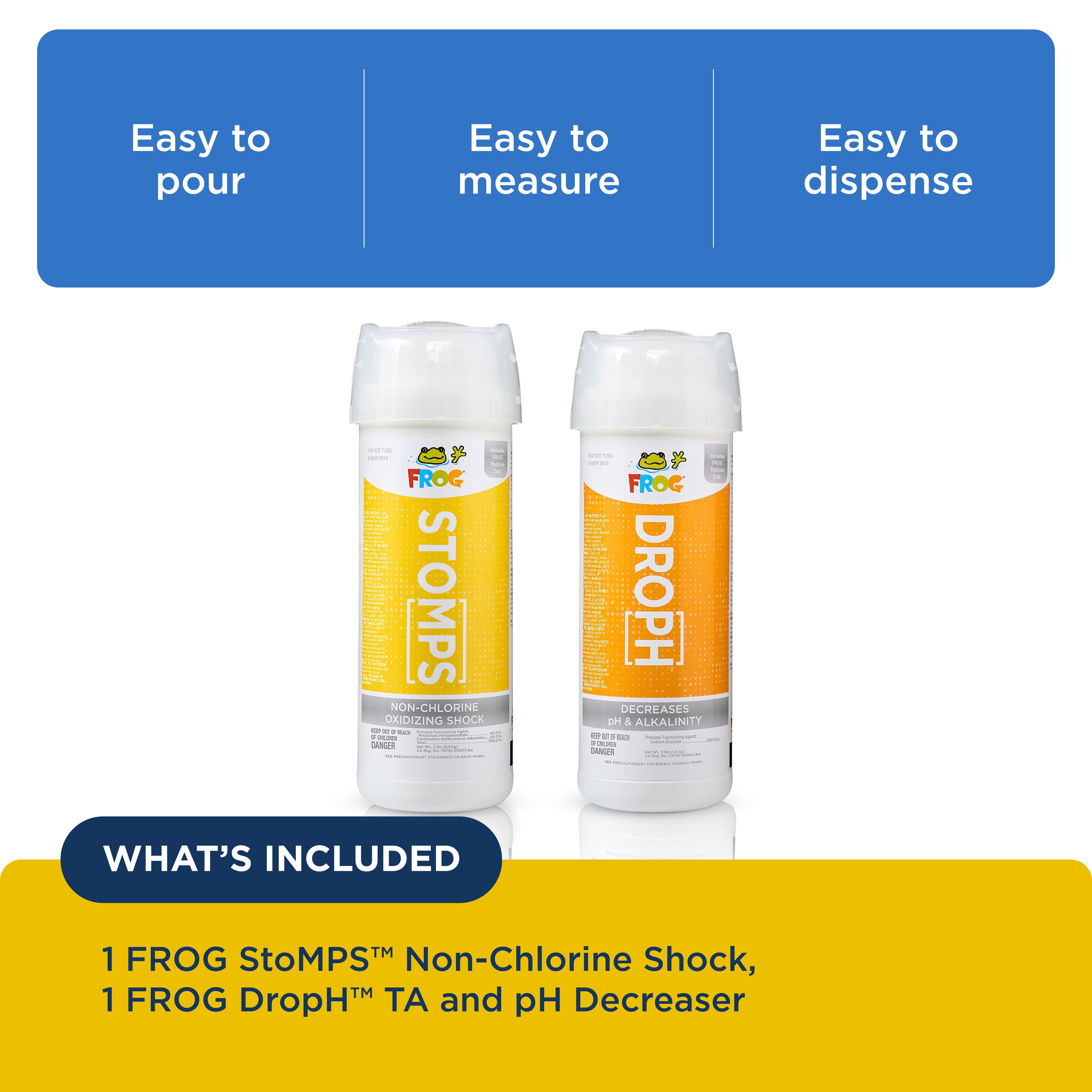 FROG StoMPS Non-Chlorine Shock Oxidizer & DropH pH and Total Alkalinity Decreaser for Hot Tubs and Swim Spas - 2 & 3 lb Bottles with TruDose Measuring Caps for Easy Maintenance & Balancing