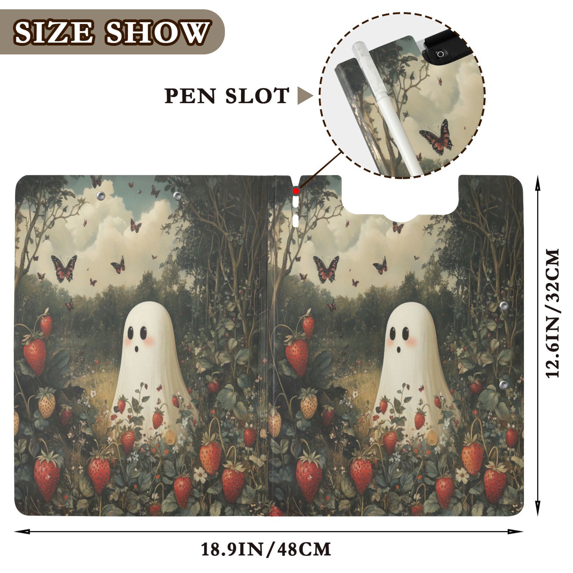 FORMRS A4 Clipboard Folder with Pen Holder Horizontal Foldable School Office Binder, Ghost in Strawberry Fields