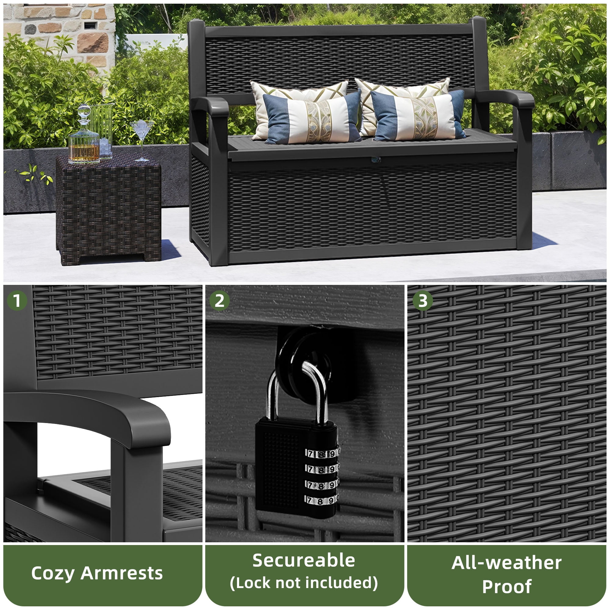Uforic 70 Gallon Outdoor Resin Deck Bench, Waterproof & Lockable Storage Box  Bench with Armrests for Garden Patio, Black