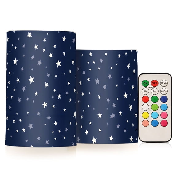 Stars on A Dark Blue Flickering Flameless Candles Battery Operated with Remote Timer LED Pillar Candles Set of 2