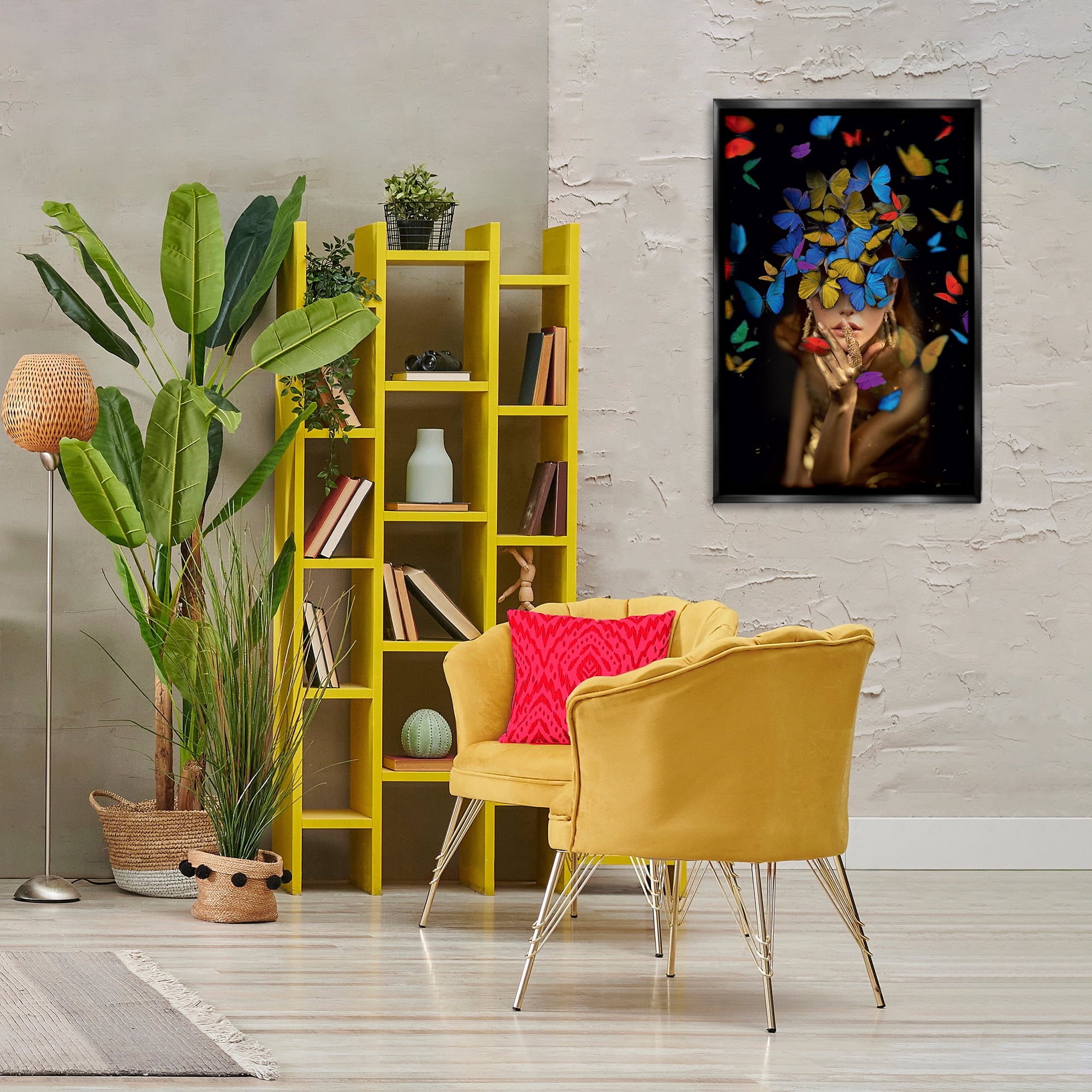 Stupell Industries Butterfly Swathed Woman Animals Painting Black Floater Framed Canvas Art Print Wall Art, 21 x 31