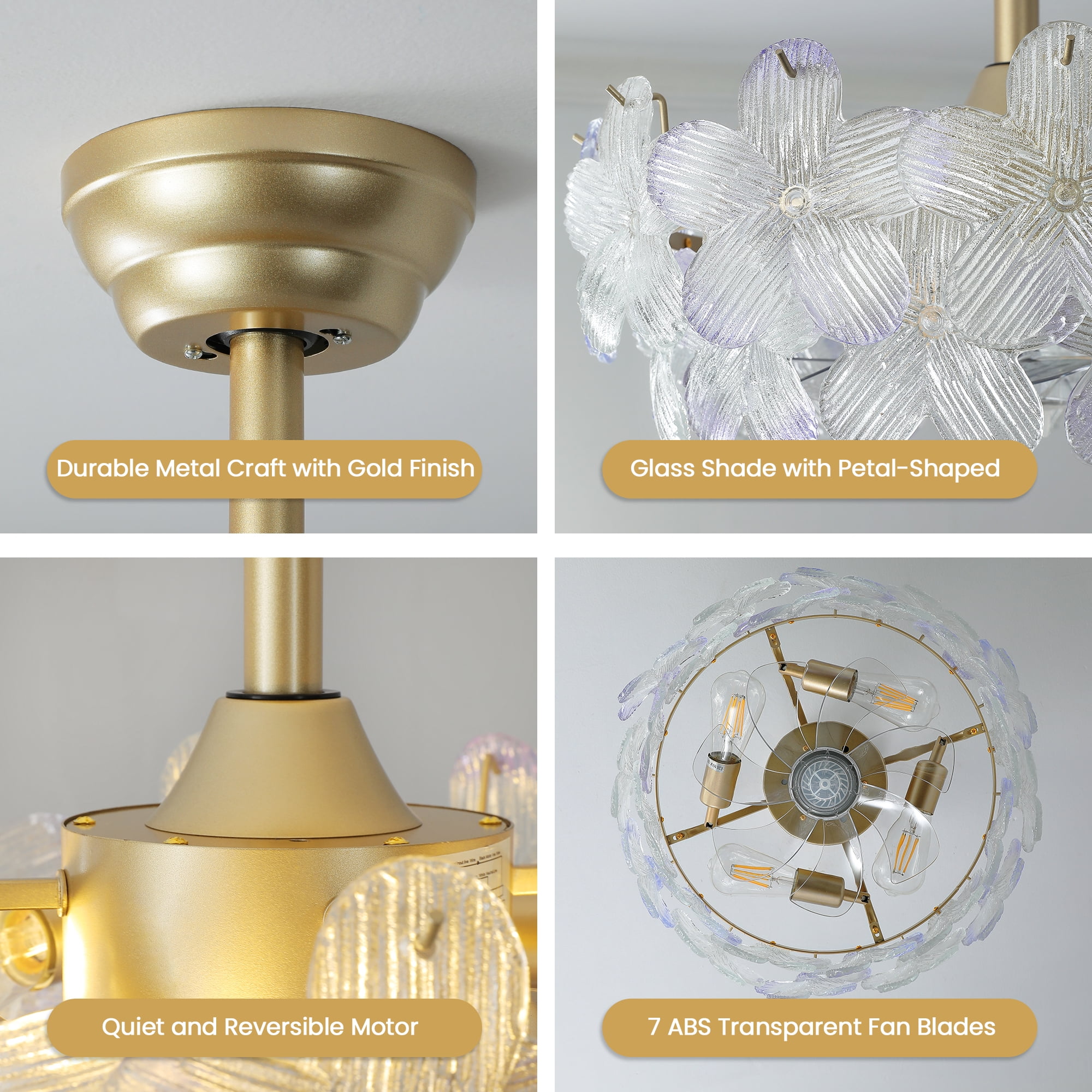 KAISITE 20" Modern Chandelier Ceiling Fan with Remote Control, Floral Glass Kids Ceiling Fan with Lights for Bedroom  Nursery  Living Room, Gold