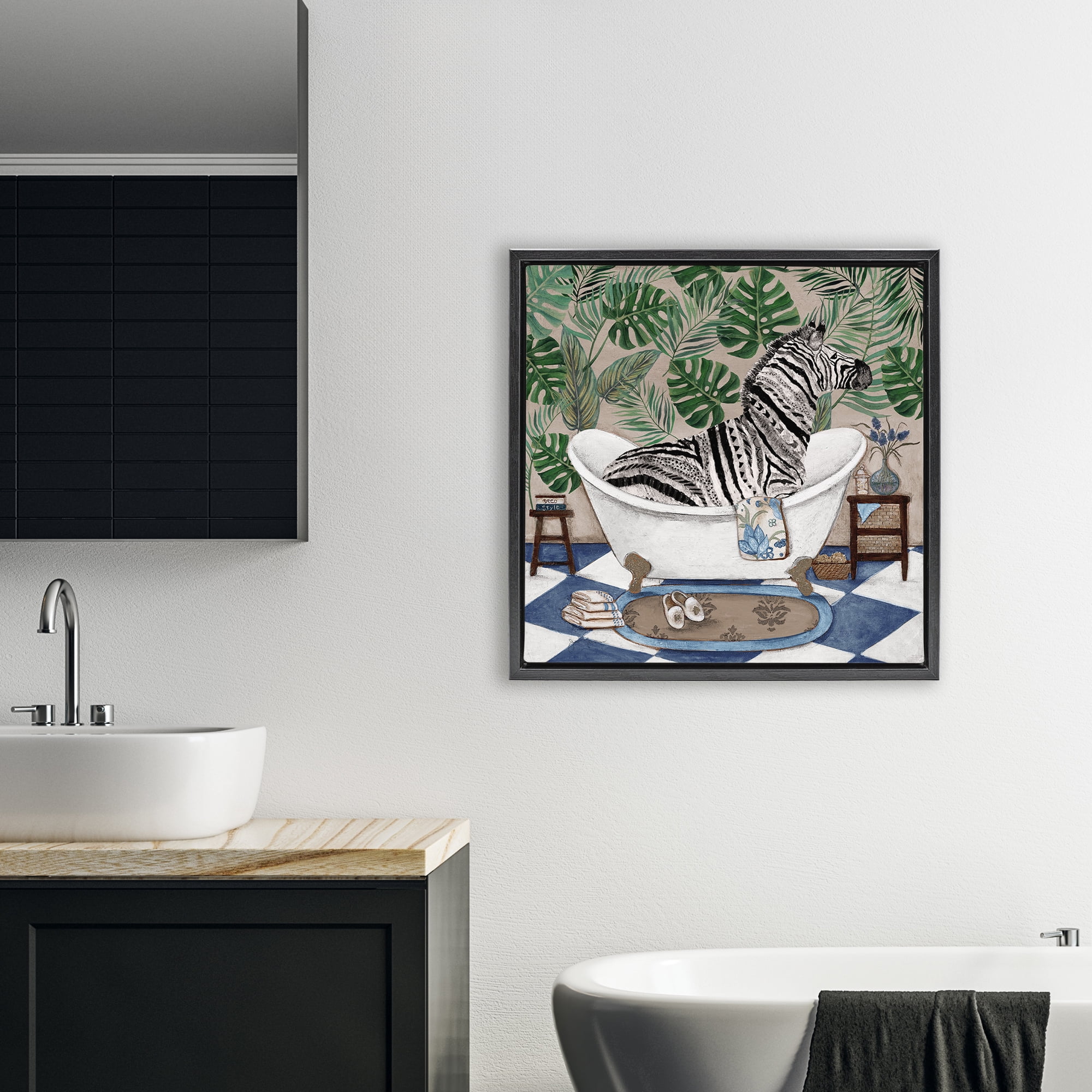 Stupell Industries Zebra in Tropical Bathtub Black Framed Floater Canvas Wall Art, design by Janet Tava