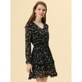 thumbnail image 3 of Vestido floral con cuello En V y manga larga con lazo En la cintura y dobladillo con volantes En capas Allegra K Negro S, 3 of 5