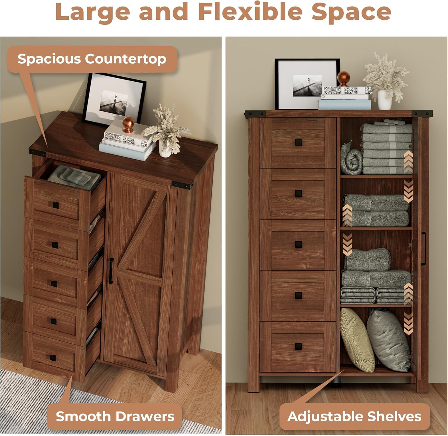 VVFLU Farmhouse 5 Drawer Dresser Storage Cabinet Chest of Drawer for Bedroom, 48" Tall Brown Wood