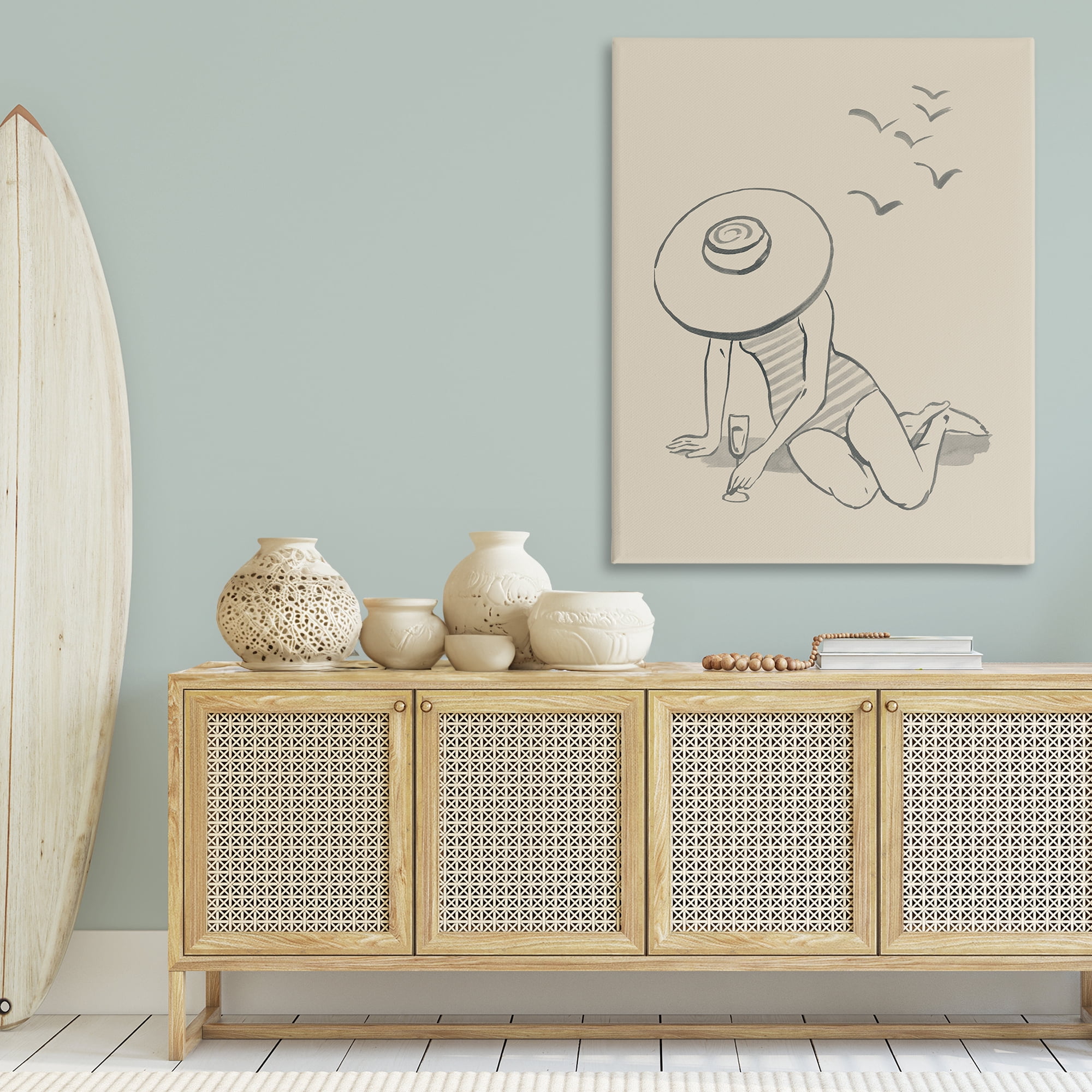 Stupell Industries Girl on Beach Sketch Novelty Drawing Gallery Wrapped Canvas Art Print Wall Art, 36 x 48