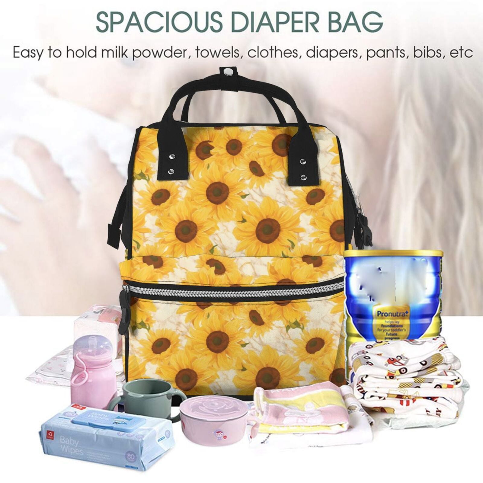 Fuzoiu Vintage Marble Pattern Sunflower Print Diaper Bag Backpack,Baby Essentials Travel Tote,Multi function Waterproof Diaper Bag, Travel Essentials Baby Bag - Unisex