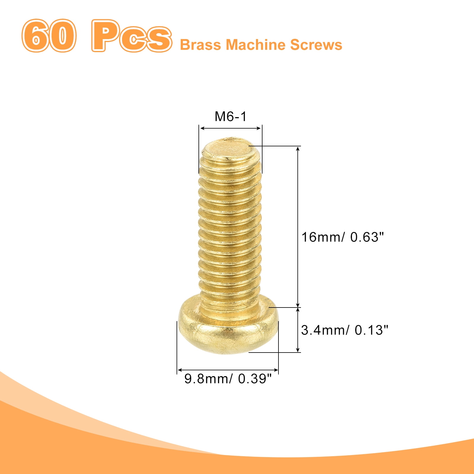 60Pcs Brass Machine Screws, M6x16mm Phillips Pan Head Fastener Machinery Bolts