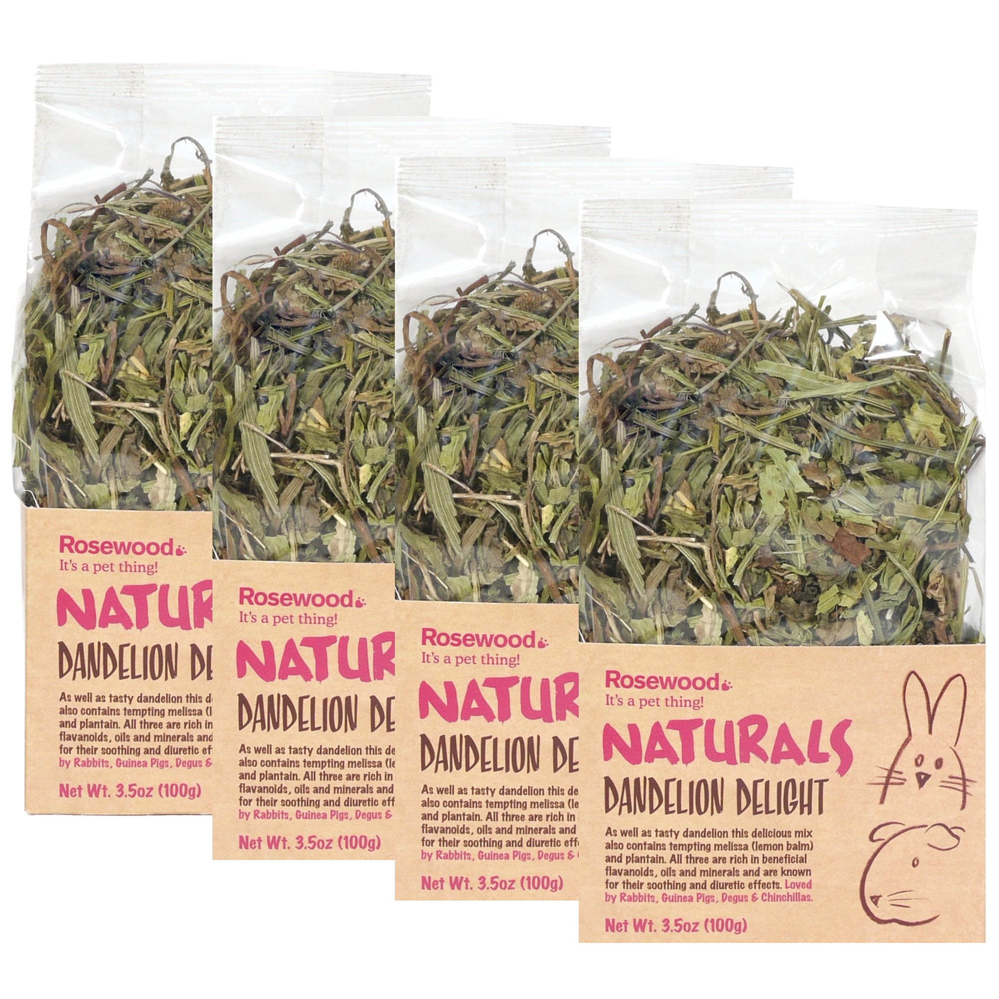 Rosewood Naturals: Dandelion Delight - 4 Pack, 3.5oz Bags - Small Animal Treat, Dried Herbal Mix, All Natural Pet Snack, Rabbit-Guinea Pig-Chinchilla