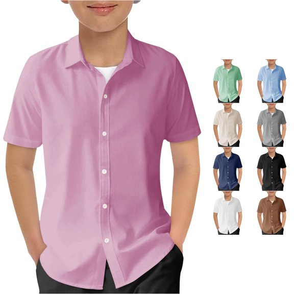 RUTAYY Boys Shirt Solid Color Turndown Collar Short Sleeve Full Button Kids Uniform Tops Pink