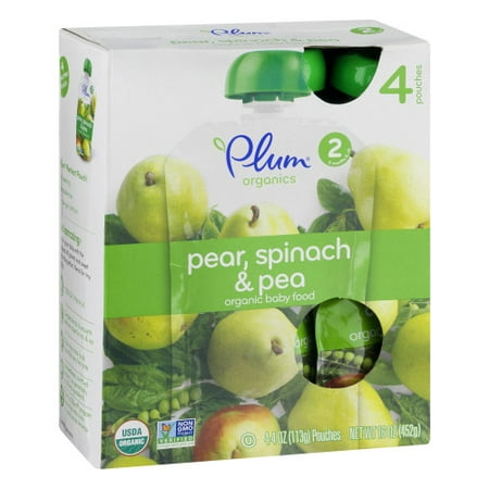 (32 pack) (8-count) Plum Organics Stage 2 Pear, Spinach & Pea, 4oz, 2, 4-count, boxes