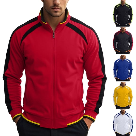Mens Big & Tall Color Block Zip Up Track Jacket, Stand Collar Raglan Long Sleeve No Hood Workout Athletic Jacket Casual Outerwear for Fall Winter Sports Size 4XL Red