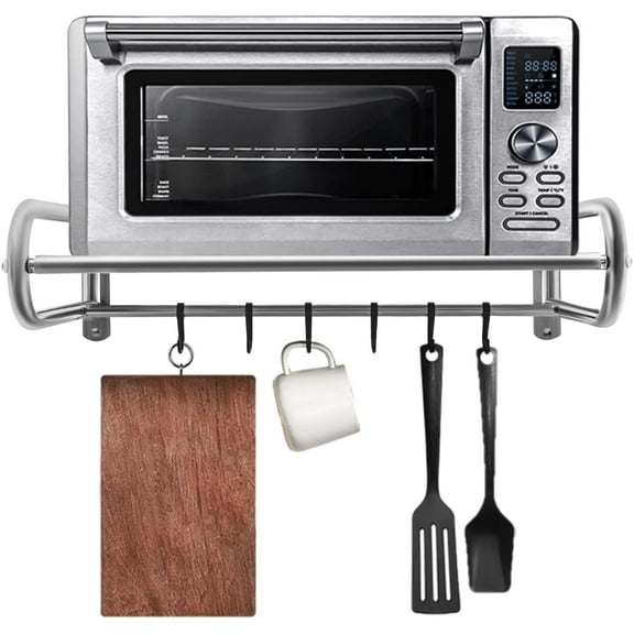 Microwave Oven Shelf Wall Mount, Stainless Steel Over The Stove Bracket Holder with 6 Hooks, Microondas Rack for Dorm, Apartment, Kitchen, Bedroom, W20.8 X D14.9 X L7.1in