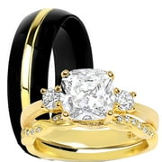 LaRaso & Co His Hers Wedding Ring Set Matching Black Titanium 14K Gold Over Silver Rings for Her 9 Him 11