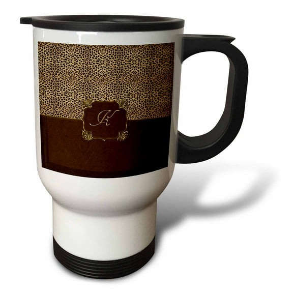 3dRose, Elegant Animal Print in Warm Brown and Gold Monogram Letter K, 14oz Stainless Steel Travel Mug