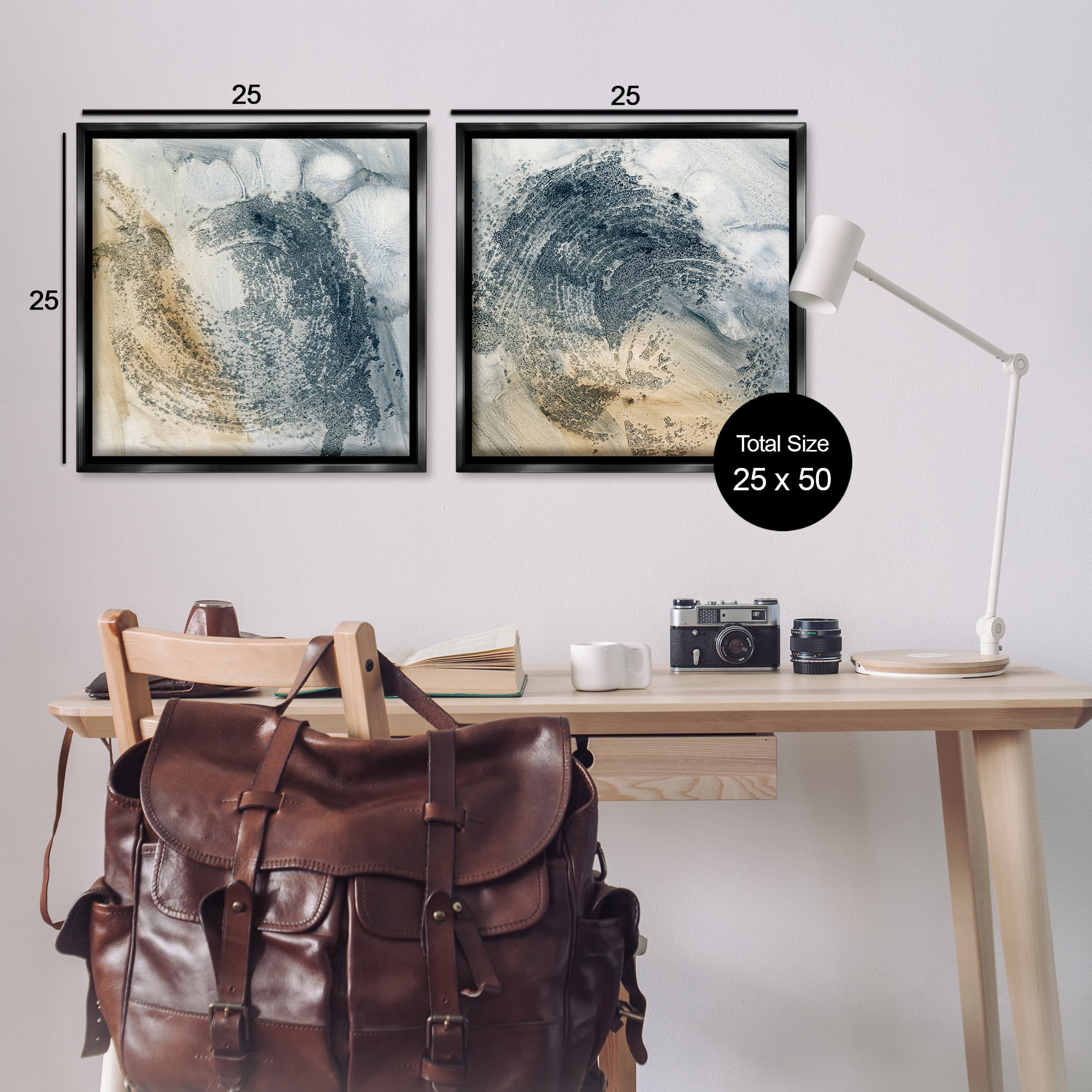Stupell Industries Abstract Beige Blue Wave Abstract Painting Black Floater Framed Canvas Art Print Wall Art, 25 x 25, Set of 2