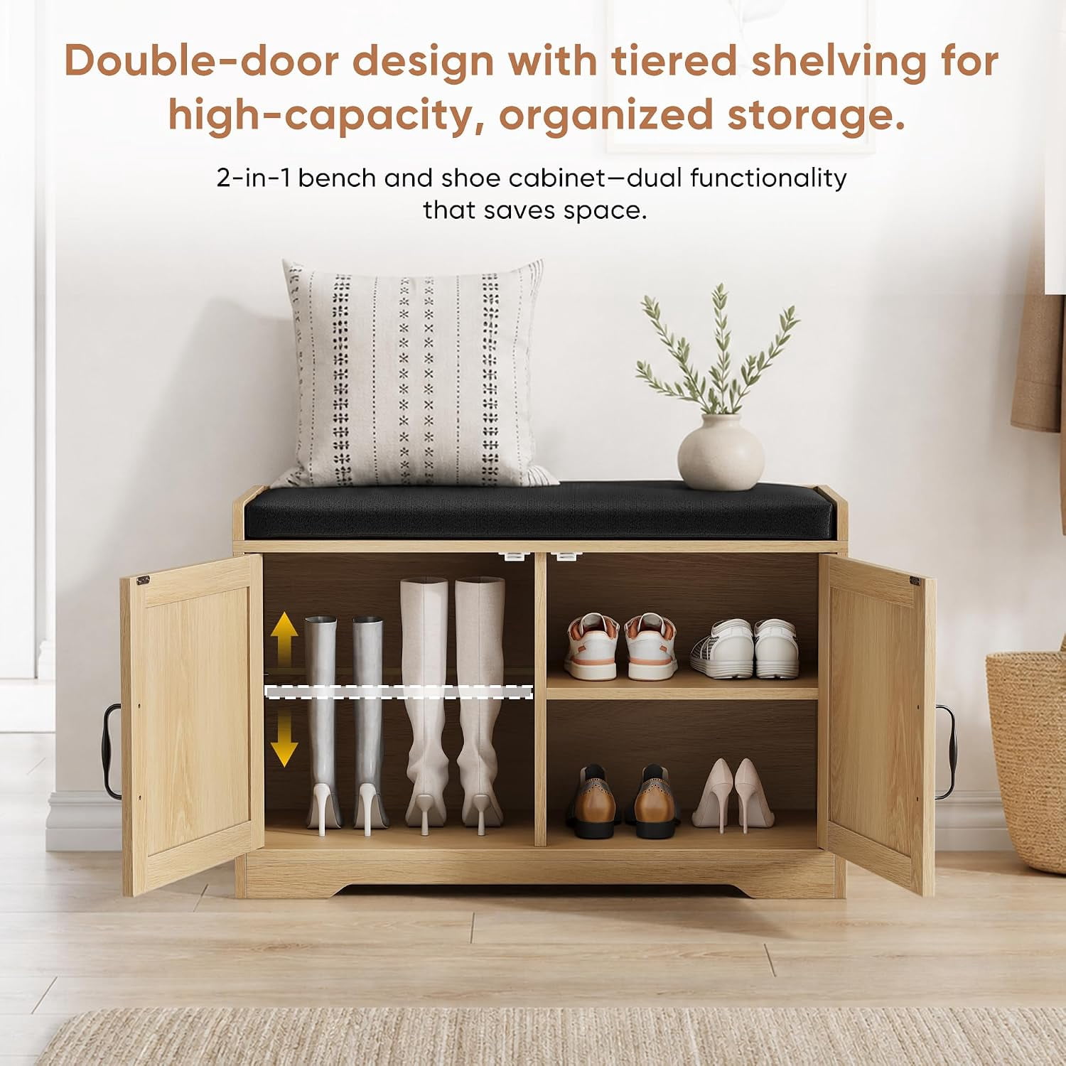 31.5" Entryway Shoe Storage Bench with Cushion Seat, Double Doors, Oak