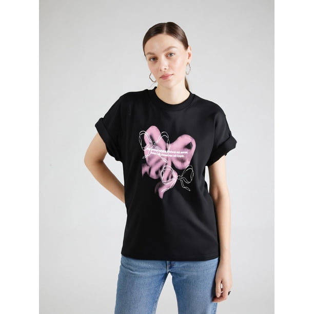 Short Sleeve Bow Print Drop Shoulder T-shirt, Crew Neck Casual Top For Spring & Summer, Women's Clothing Tee Tee For Adult, Men, Women, Teen, Teenager, Adolescent, Youth