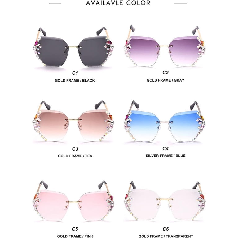 Square Crystal Sunglasses Women Shades Rimless Rhinestone 