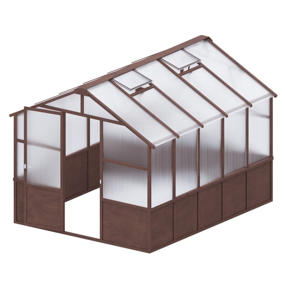 Large 8x10 FT Wood Greenhouse Kit, 6MM Polycarbonate Panels, Adjustable Roof Vent & Lockable Door, Walk-in Outdoor Garden House