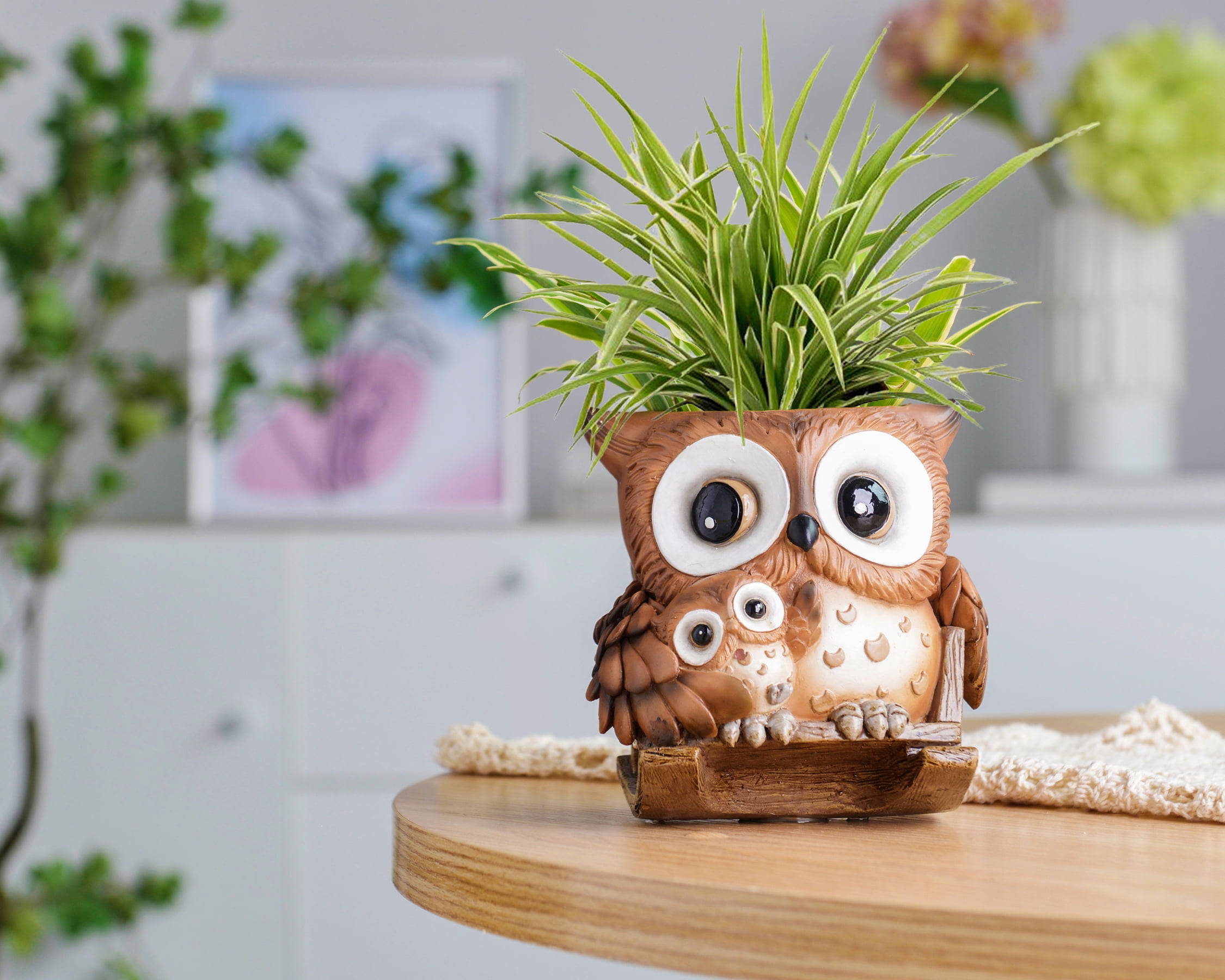 Quoowiit Cute Owl Plant Pots Indoor,Resin Small Succulent Pots with Drainage Hole,Rocking Chair Planters for Outdoor Indoor Plants,Gift Ideas for Mother
