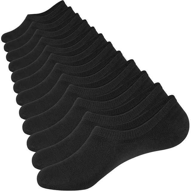 set de 12 pares de calcetines invisibles unisex, color negro, vista frontal angular con los 12 pares alineados; corte tobillero con puño elástico bajo, tejido de 200 agujas en 80% algodón y malla superior visible para ventilación, acabado liso y transpirable. Ideales para calzado deportivo o uso diario y aptos para viajes por su ajuste compacto.
