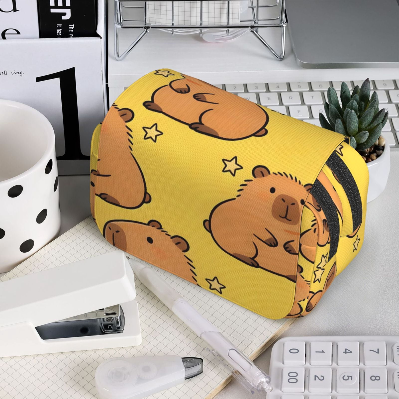 Large-Capacity Flip-Top Double-Layer Pencil Case, Multi-Functional Pocket Pen Case, Durable Stationery Organizer Capybara Star