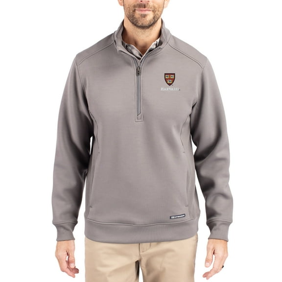 Men's-Cutter & Buck Gray Harvard Crimson Roam Eco Recycled Quarter-Zip Pullover