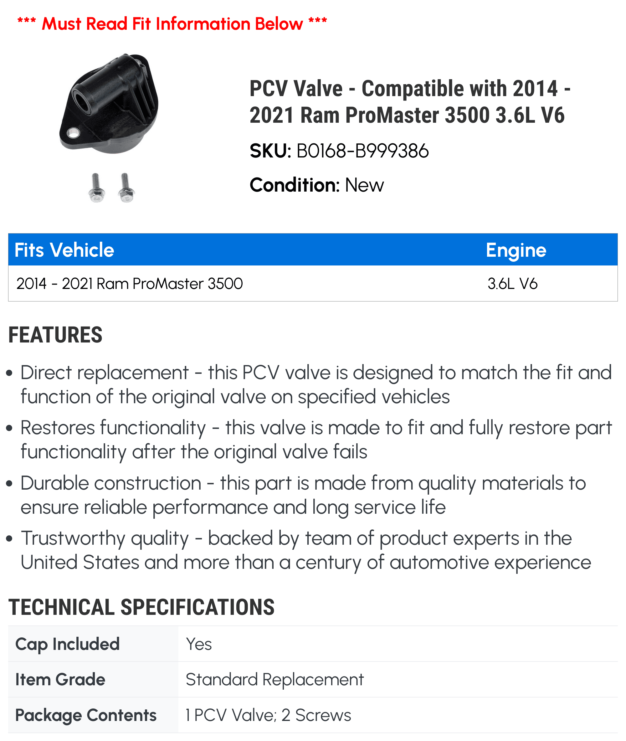 PCV Valve - Compatible with 2014 - 2021 Ram ProMaster 3500 3.6L V6 - Dorman