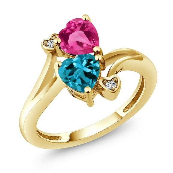 Gem Stone King 18K Yellow Gold Plated Silver Pink Created Sapphire London Blue Topaz and White Diamond Ring for Women (1.78 Cttw, Heart Shape 6MM, Gemstone September Birthstone, Size 7)