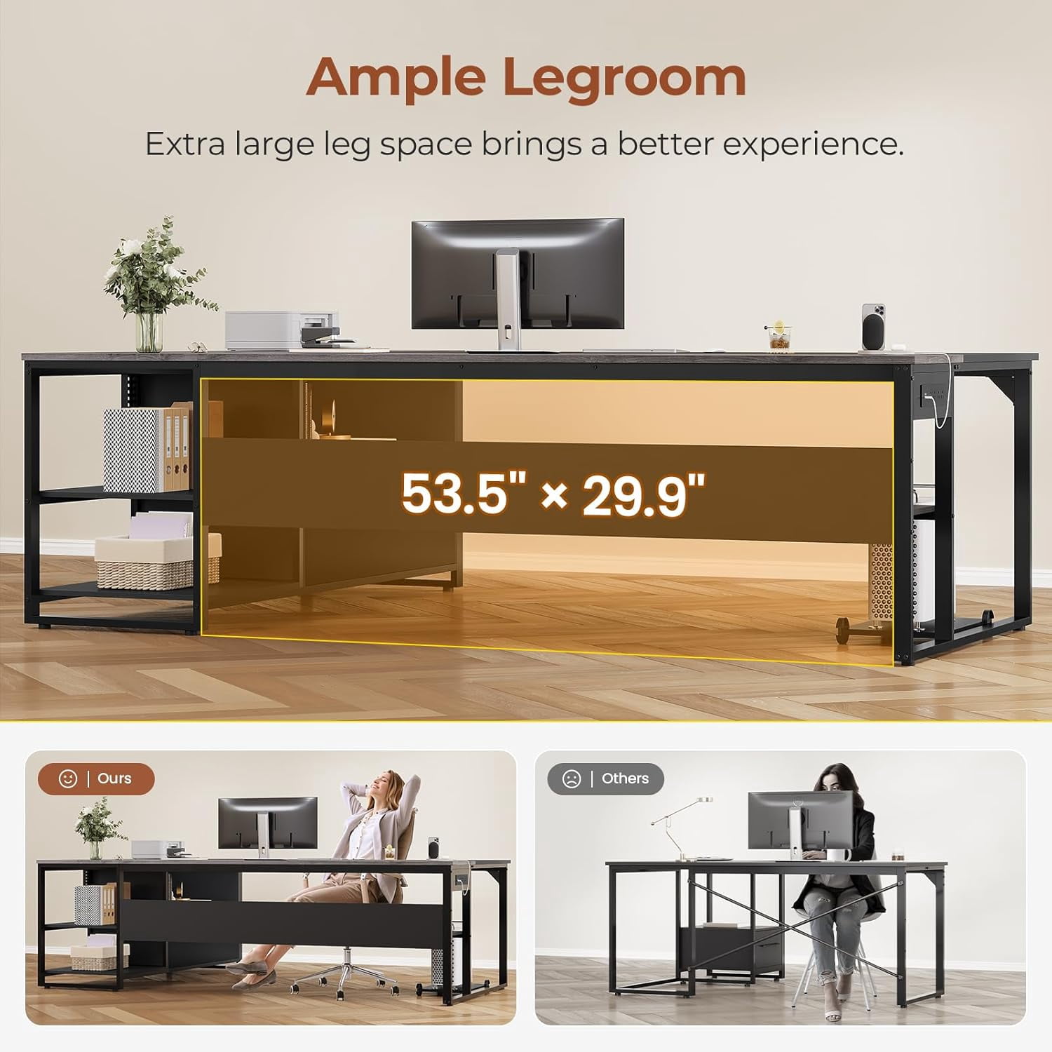 71" L Shaped Executive Desk, Large Office Desk with Widen File Drawers and Power Outlets, Reversible Computer Desk Corner Desk with Storage Shelves, Gray