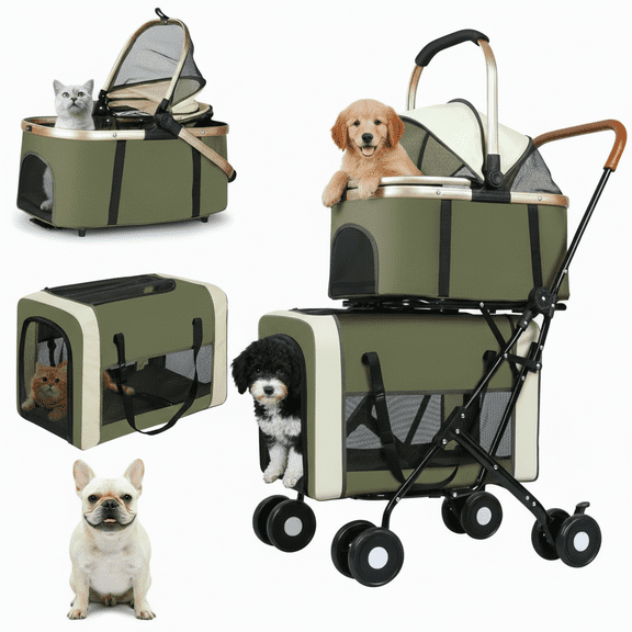 XunKA Foldable Double Pets Stroller for Dogs and Cats, Double Strollers with Detachable Carriers Foldable Pet Travel Jogger Stroller Removable Cat Carrier Bag for Small Medium Dogs Up to 60Lbs,Green