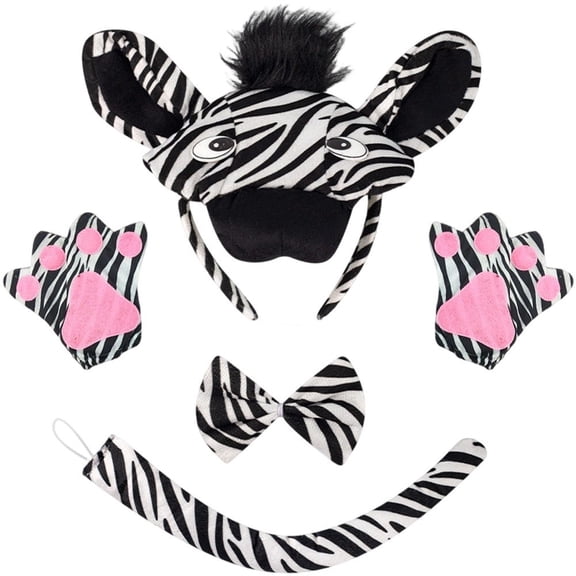 Vjnyvs 4PCS Zebras Design Headwear Set, Zebras Ears Headband Bow Tie Tail Gloves Animal for Animal Theme Party, Halloween,Birthday