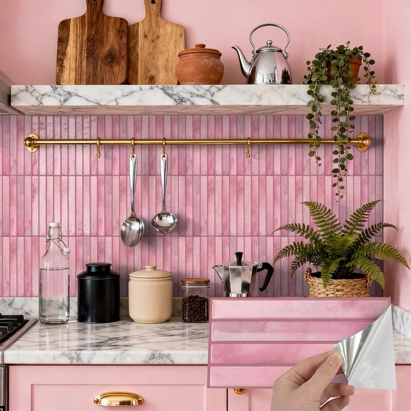 10 Pcs Self Adhesive 3D Tiles Stickers Wall Decals 9.68 x 4.72inch DIY Decor Pink Marbling Waterproof Peel and Stick Kitchen Backsplash