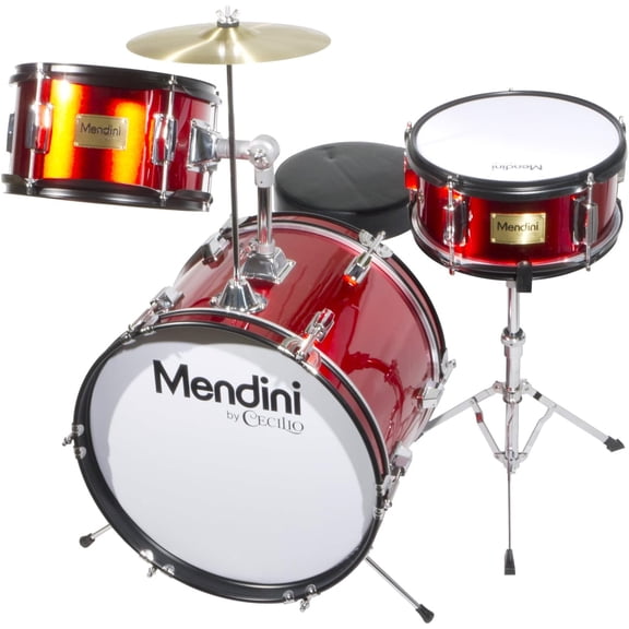 Pre-Owned Mendini by Cecilio 16" 3-Piece Kids, Junior Drum Teen Set with Adjustable Throne, Cymbal, Pedal & Drumsticks, Metallic Red, MJDS-3-BR